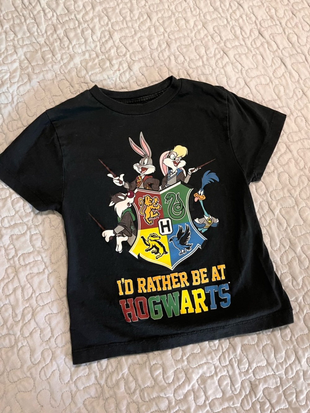 Looney Tunes x Hogwarts Black Graphic Tee - "I'd Rather Be At Hogwarts"